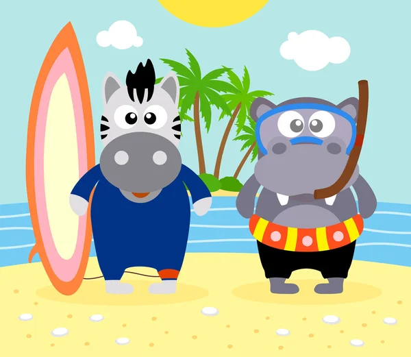 Summer  background with zebra and hippopotamus — Stock Vector
