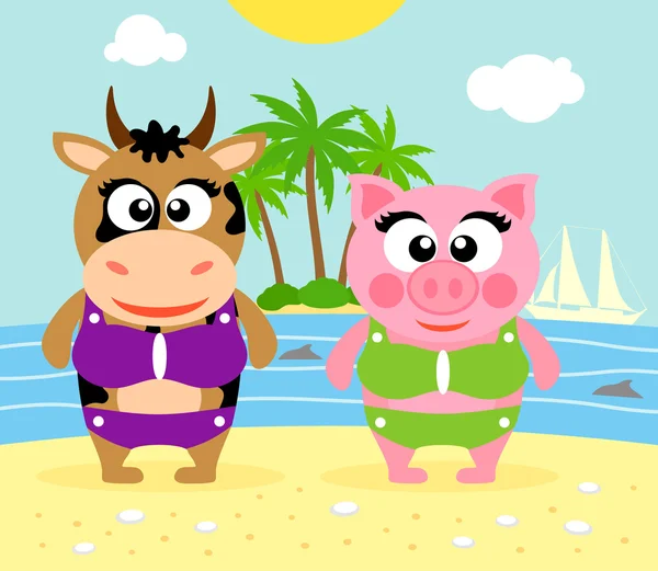 Fondo de verano con vaca y cerdo — Vector de stock