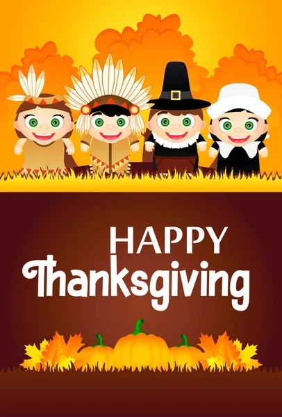 感恩节快乐海报传单度假 穿着服装的有趣的孩子是美洲印第安人和朝圣者 矢量说明 — 图库矢量图片