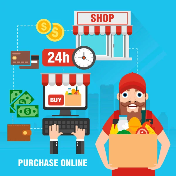 Online Vásárlás Élelmiszer Egy Webes Alkalmazás Számítógépen Internetes Kereskedelem Online — Stock Vector