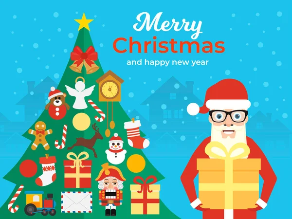 Boldog Karácsonyt Boldog Évet Üdvözlet Koncepció Design Lakás Karácsonyfa Mikulás — Stock Vector