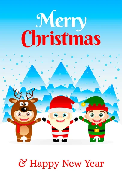 Merry Christmas Happy New Year Poster Kids Costumes Santa Elf — Stock Vector