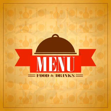 Restoran menüsünde retro kağıt arka planda yemek ve içecekler. Vektör illüstrasyonu