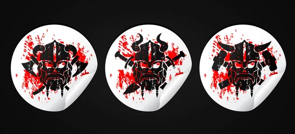 White Stickers Set Black Viking Skull Icon Grunge Style Vector — Stock Vector