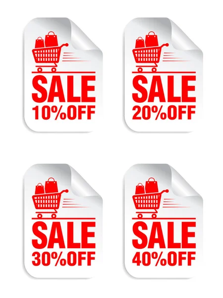 Verkauf Weiße Aufkleber Mit Rotem Text Warenkorb Mit Einkaufstaschen Symbol — Stockvektor