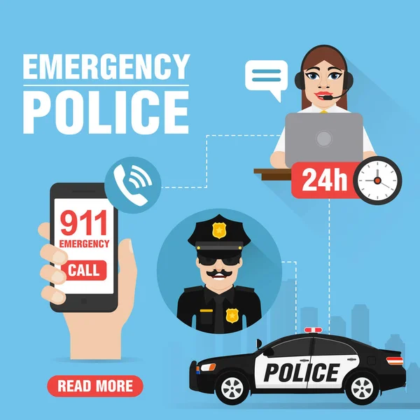 紧急情况下 警察概念设计平面 911紧急呼叫 矢量说明 — 图库矢量图片