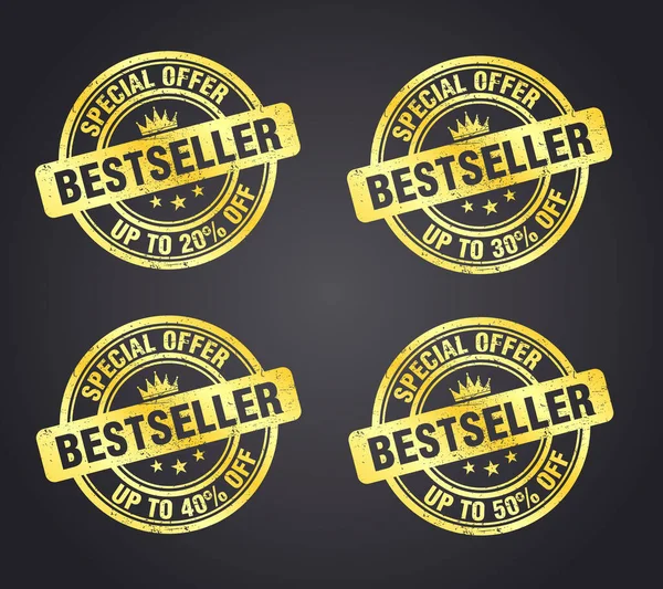 Bestseller Gold Grunge Stamp Sign Set Special Offer Percent Vector — Stock Vector