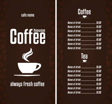 Kahve Evi menüsü. Her zaman taze kahve. Kahverengi arka plan. Vektör illüstrasyonu