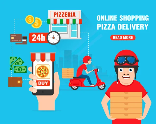 Handla Nätet Pizza Delivery Koncept Design Platt Banner Vektorillustration — Stock vektor