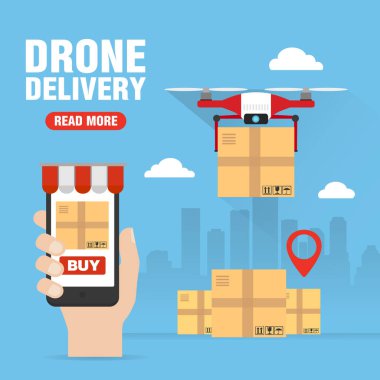 İnternetten alışveriş. Drone Delivery tasarım düz pankart. Vektör illüstrasyonu