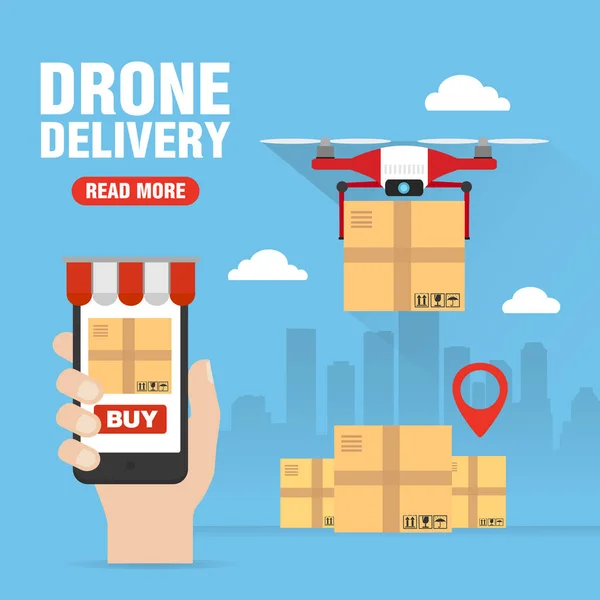 Online Shopping Drone Delivery Concept Design Flat Banner Vector Illustration — стоковый вектор