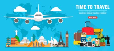 Time to travel. Around the world concept design flat banner. Vector illustration