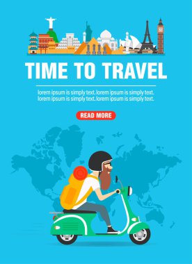 Seyahat zamanı. Mobilet düz dizaynlı hippi gezgin. Vektör illüstrasyonu