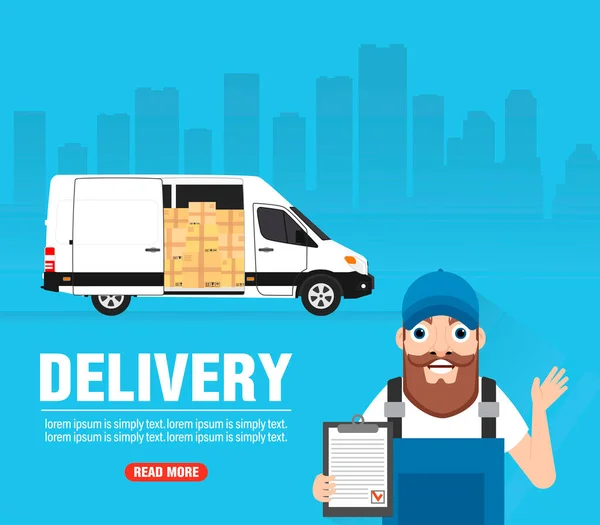 Delivery Concept Design Flat Delivery Truck Deliveryman Vector Illustration — Stock Vector