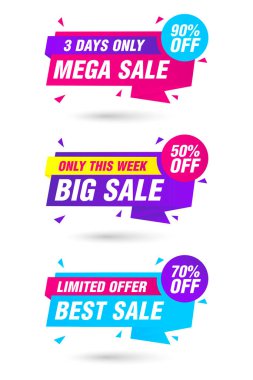 Soyut renkli origami satış etiketleri ayarlandı. Mega Satış% 90, Büyük Satış% 50, En İyi Satış% 70 indirim. Vektör illüstrasyonu