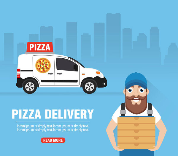 Delivery concept design flat. Pizza delivery with deliveryman. Vector illustration