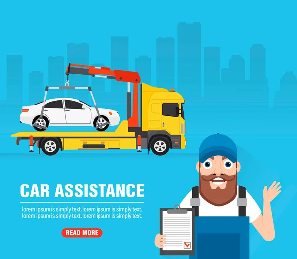 Car Service Car Assistance Concept Design Flat Banner Vector Illustration — 스톡 벡터