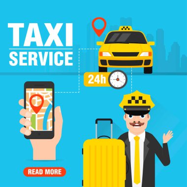 Çevrimiçi taksi hizmeti konsepti tasarımı. Sarı taksi şoförü. Vektör illüstrasyonu