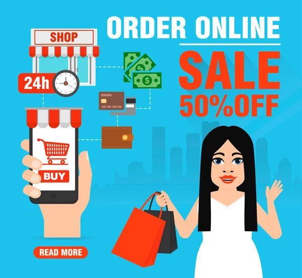 Order Online Sale Concept Design Flat Girl Shopping Vector Illustration — Stock vektor