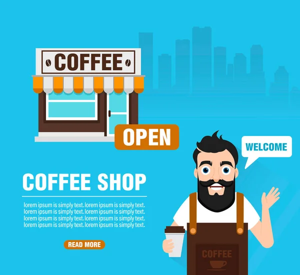 Welcome Coffee Shop Coffee Shop Design Concept Flat Banner Vector — Vettoriale Stock