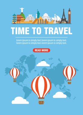 Seyahat konsepti tasarlama zamanı. Dünyanın her yerinde. Balon seyahati. Vektör illüstrasyonu