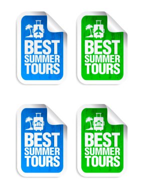 Green, blue sticker set best summer tours. Time to travel. Vector illustration