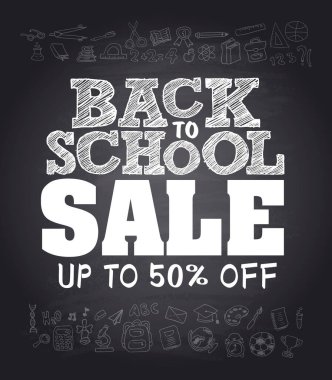 Back to school sale 50 % discount poster. Vector illustration