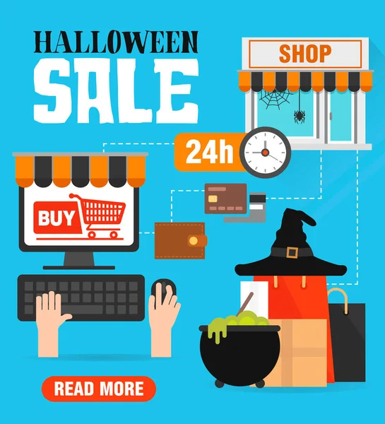 Vendita Halloween Concetto Shopping Online Design Piatto Illustrazione Vettoriale — Vettoriale Stock