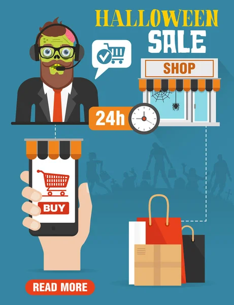 Vendita Halloween Progettazione Concetto Shopping Online Appartamento Con Vendita Zombie — Vettoriale Stock