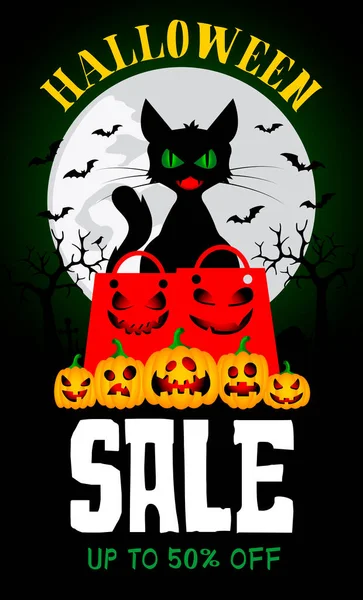 Venta Halloween Cartel Descuento Con Gato Divertido Calabazas Paquetes Ilustración — Vector de stock