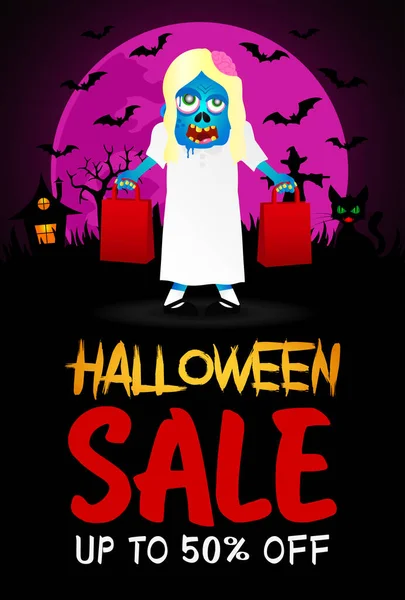 Venta Halloween Cartel Descuento Pancarta Con Chica Zombie Halloween Venta — Vector de stock
