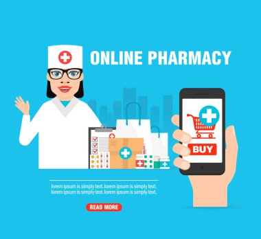 İnternetteki eczane. Sağlık hizmeti konsepti tasarımı düz afiş. Vektör illüstrasyonu