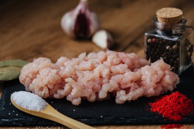 raw minced fresh meat on a wooden background spice pepper wooden spoon