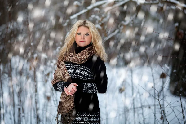 Woman in snow winter forest — Stock Photo, Image