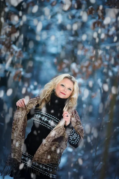 Woman in snow winter forest — Stock Photo, Image