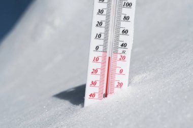 Termometre karın üzerinde yatar ve mavi gökyüzünde soğuk havada negatif bir sıcaklık gösterir. Düşük hava ve ortam sıcaklıklarına sahip meteorolojik koşullar. İklim değişikliği ve küresel ısınma