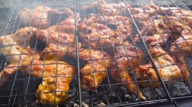 Izgara tavuk kanadı. Video 4K kızartma şiş kebap, barbekü, shaşlik ya da kömürlü et. Yazın piknikte mangalda et pişirmek doğada şiş yemek. Izgaradaki domuz eti