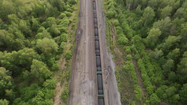 Coal Train Aerial View Electric Locomotive Freight Cars Railway Carriage — Αρχείο Βίντεο