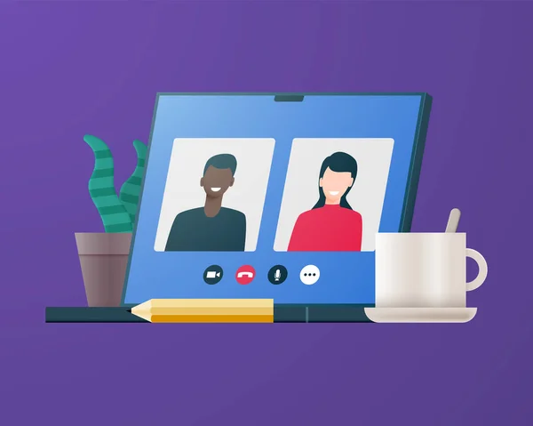 Εικονογράφηση Διανύσματος Τηλεδιάσκεψης Χώρος Εργασίας Οθόνη Laptop Άνθρωποι Κουβεντιάζουν Chat — Διανυσματικό Αρχείο