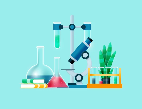 Επιστημονικός Εργαστηριακός Εξοπλισμός Χημικών Ουσιών Μικροσκόπιο Φιάλες Υγρό Βιβλία Και — Διανυσματικό Αρχείο