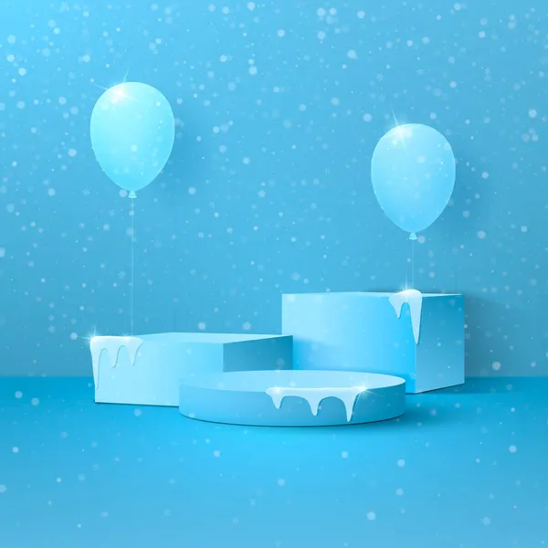 Podios Sobre Fondo Invernal Con Nieve Globos Cayendo — Vector de stock