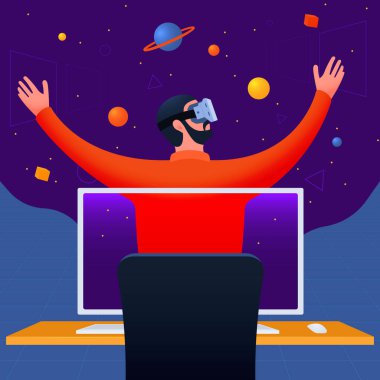 Metaverse ve masasında sanal gerçeklik kaskı takan bir adam..