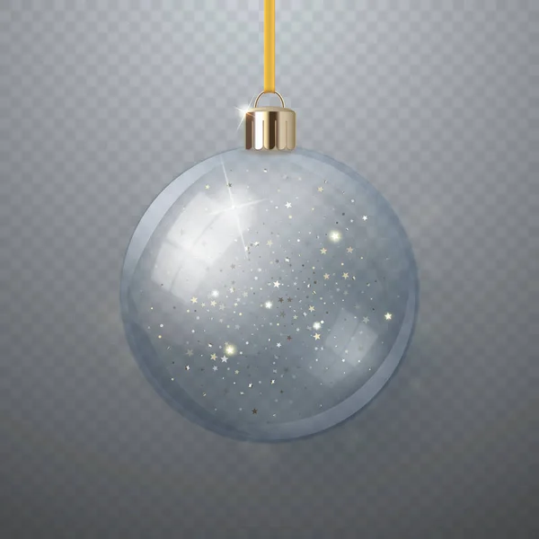 Realistic Hanging Transparent Glass Christmas Ball Snowflakes Golden Stars Decoration — Stockvektor