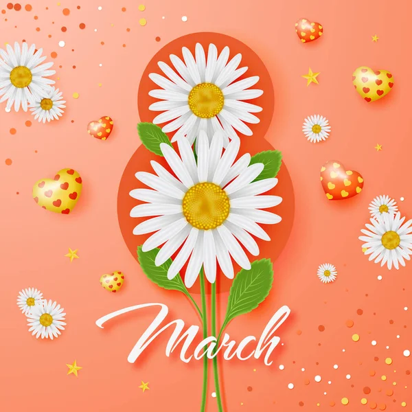 三月八日妇女日 橙色背景上的花卉和心脏海报或横幅 — 图库矢量图片