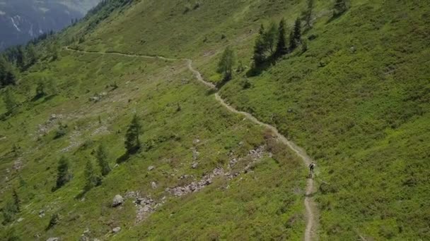 Mountainbiker på väg i alperna antenn flygning - 4k UHD — Stockvideo
