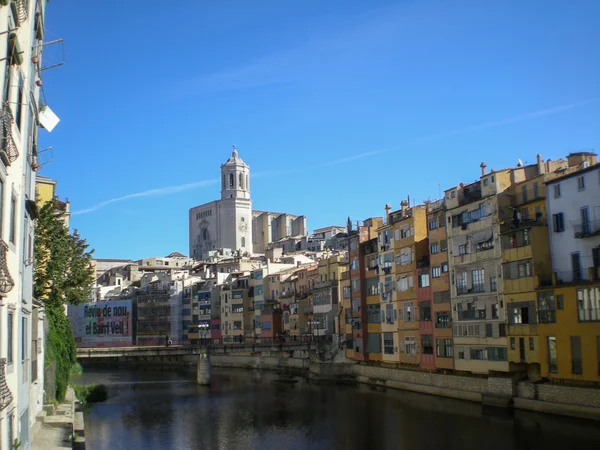 Colorful houses and the cathedral of Girona reflecting in the Onyar River. — Stock Photo, Image