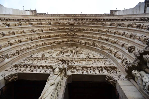 Paris France Famous Notre Dame Cathedral Facade Saint Statues Unesco — Stock Photo, Image