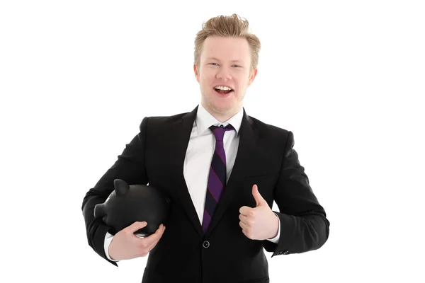Laughing businessman with piggybank — Stock Photo, Image