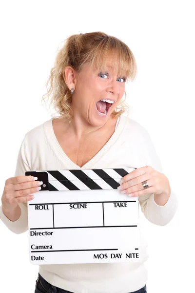 Woman holding a film slate — Stock Photo, Image