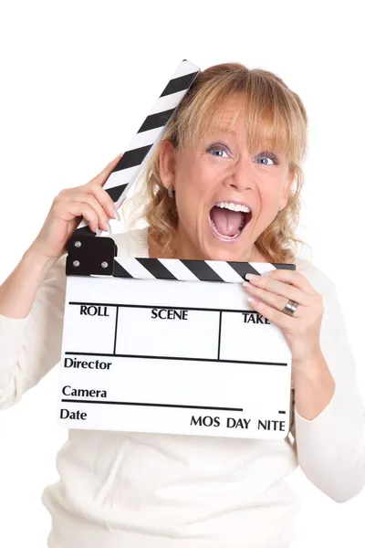 Woman holding a film slate — Stock Photo, Image